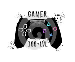 Gamer 100 level. Gamepad emblem, T-shirt garaphics. Vector illustration. photo