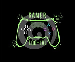 Gamer 100 level. Gamepad emblem, T-shirt graphics. Vector illustration. photo