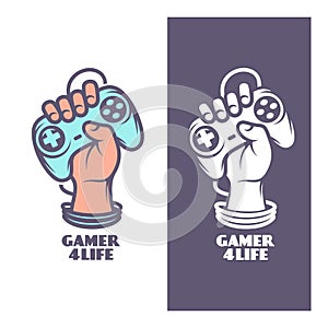 Gamer for life t-shirt design. Hand with joystick. Vector vintage illustration.
