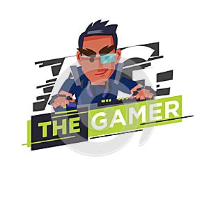 Gamer logo, hardcore gamer character design playing game by personal computer concept - vector