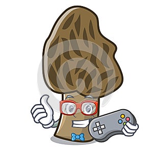 Gamer morel mushroom mascot cartoon