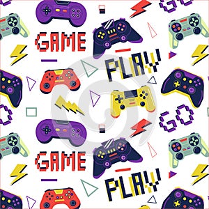 Gamer pattern. Seamless print with game controller for boys t-shirt, console video game graffiti with joystick. Bright photo