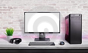 Gamer PC on desk with  screen for app, web site or game promotion photo