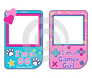 Gamer photo booth props set. Flat style gamer girl illustration with gameboy handheld game console