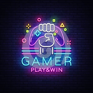 Gamer Play Win logo neon sign Vector logo design template. Game night logo in neon style, gamepad in hand, modern trend