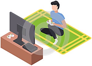 Gamer playing video game with tv screen holding gamepad controller sitting on carpet at home