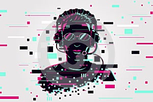 Gamer portrait. Video games background, glitch style. Player vector illustration. Online user.