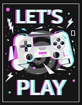 Gamer poster. Let's play concept. White gamepad and abstract geometric shapes with graffiti colorful glitch effect