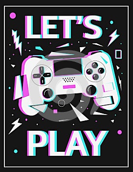 Gamer poster. Let's play concept. White gamepad and abstract geometric shapes with graffiti colorful glitch effect photo