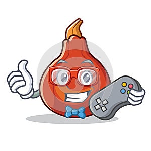 Gamer red kuri squash mascot cartoon