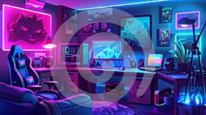 Gamer setup with computer, monitor, headphones and neon posters on table, couches, and furniture of a gameroom for