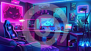Gamer setup with computer, monitor, headphones and neon posters on table, couches, and furniture of a gameroom for photo