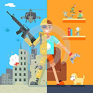 Gamer Soldier immersion virtual reality Icon Living Room battlefield Flat Design Character Vector Illustration