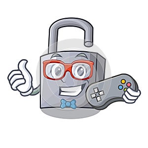 Gamer unlocking padlock on the cartoon gate