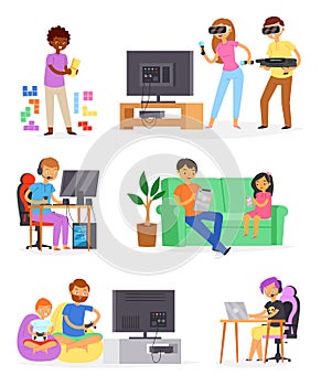 Gamer vector man or woman with child character playing with virtual reality glasses illustration set of people gaming in