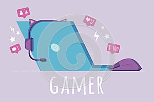 Gamer workplace concept illustration, laptop, headphones, mouse clicker in a flat style, isolated on a purple background