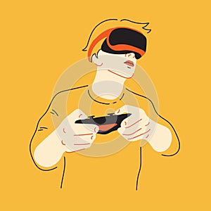 Gamer. Young man playing game, virtual reality, vrglasses