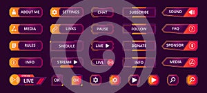 Gamers stream buttons. Game streaming interface elements, mmo game menu. Garish frames bars and buttons flat vector illustration