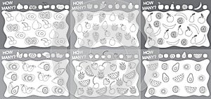 Games for kids: How many objects fruits counted? Coloring book. Education. Set of games 6 in 1 Vector illustration photo