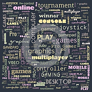 games word cloud, this word cloud use for banner, painting, motivation, web-page, website background, t-shirt & shirt printing,