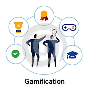 Gamification concept interactive icon set in business application and operation integrating game achievement