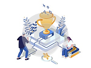 Gamification in learning concept 3d isometric web scene. Vector illustration