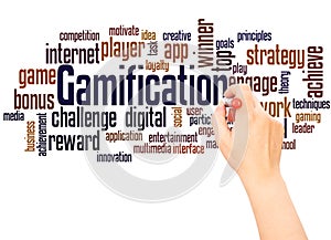 Gamification word cloud hand writing concept