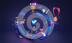 Gamified loyalty program stages with bonuses and development 3D illustration