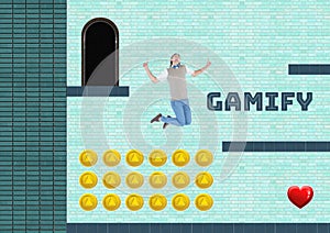 Gamify text and man in Computer Game Level with coins and heart