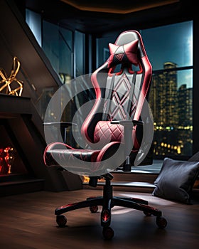 Gaming chair, confortable leather red and black gaming chair, Generative AI photo