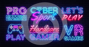 Gaming collection neon signs vector. Gamer design template concept. Neon banner background design, night symbol, modern photo