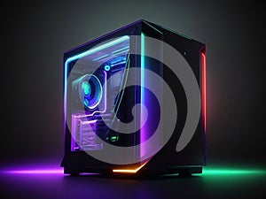 Gaming computer with RGB LED lighting In Dark Background