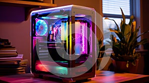 A gaming computer with RGB LED lighting. Generative AI