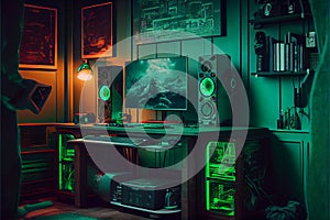 Gaming computer room and hardware and equipment coloured in green acid neon colour