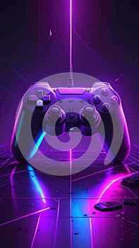 Gaming Controller with Neon Lights on Reflective Surface