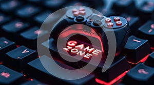 A gaming controller is placed on a keyboard key labeled Game Zone photo
