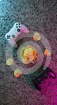 Gaming Controller with Snacks on Carpet