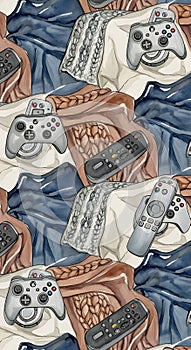 Gaming Controllers Pattern on Fabric Background