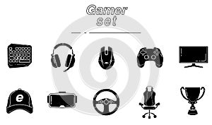 Gaming glyph icon set. Esports equipment. Computer Game devices. Silhouette symbols. Vector isolated illustration