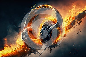 Gaming headphones exploding with fire and smoke, Generative AI