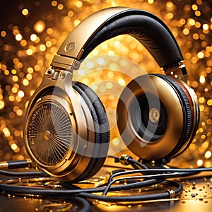 Gaming headphones of golden color, music electronics, post bonner technology