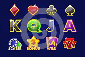 Gaming icons of card symbols for slot machines or casino. Game casino, slot, UI