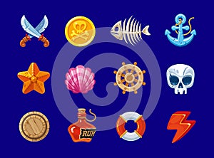 Gaming icons on a marine theme. A set for a computer mobile game. Isolated symbols for a casual game