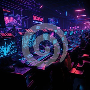 Gaming Industry Event, Gaming Competition Amusement, World Region Gaming Expo, Live-Action Players, Large Screen, Futuristic Neon