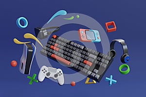Gaming Keyboard 3D Model Rendering. Flying gamer gears like mouse, keyboard, joystick, headset, VR Headset , gamepad.