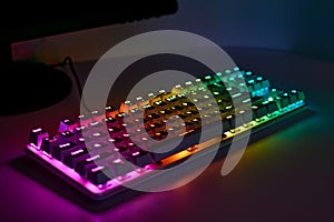 Gaming keyboard with RGB light. White mechanical keyboard with backlight