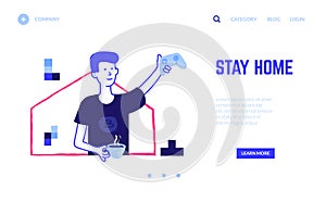 Gaming landing page. Stay home. Virtual reality game, digital entertainment. Boy holding joystick in raising hand. Web