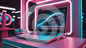 A gaming laptop in a pink neon room