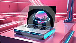 A gaming laptop stands on a table in a beautiful neon pink room.