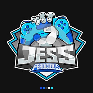 Gaming Logo of A Hand Handling a Blue Joystick